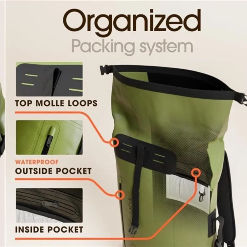 Waterproof Backpack - Heavy Duty Hiking Backpack - Roll-Top Closure